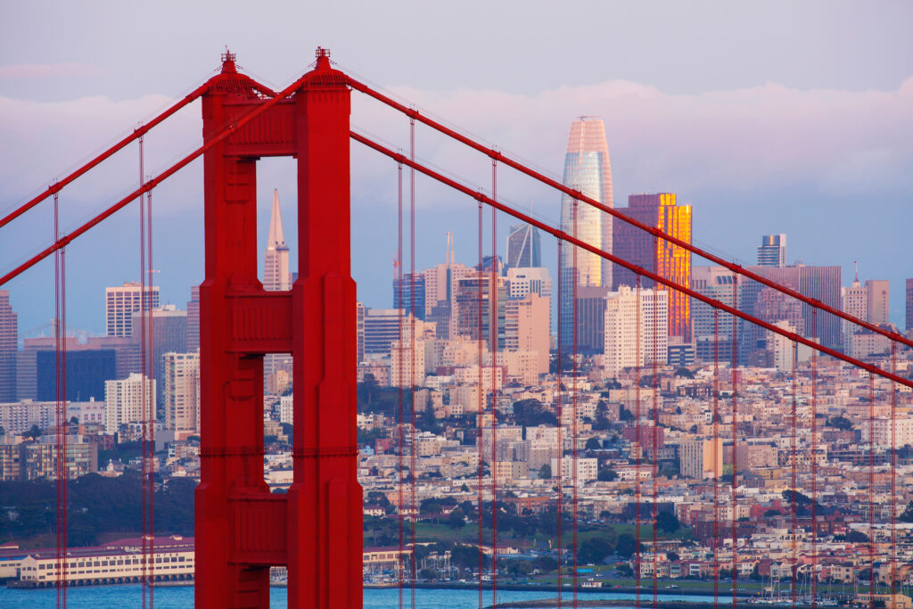 Golden Gate Bridge with San Francisco skyline behind it